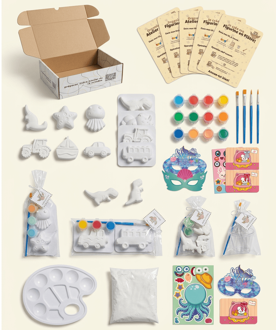 Tout le nécessaire pour créer et peindre tes figurines en plâtre.